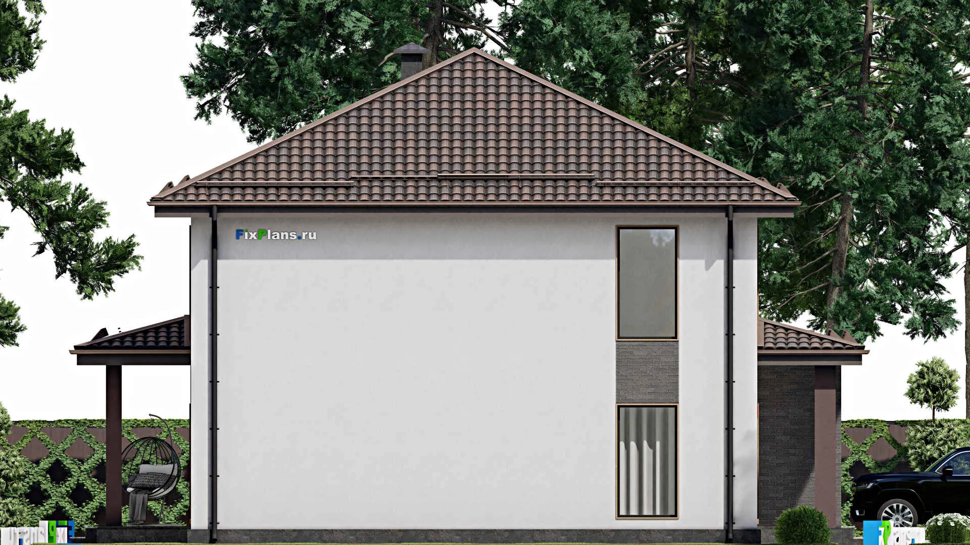 F-8063 - Планы двухэтажного дома 13 на 16, площадью 250 м² с террасой, гаражом на 1 машину и 4 спальнями