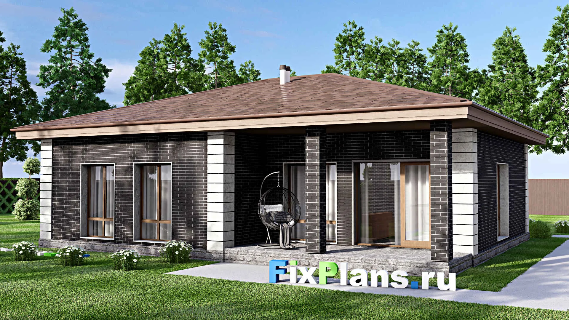 F-13985 - Проект одноэтажного дома 13 на 14, площадью 130 м² с террасой и 3 спальнями