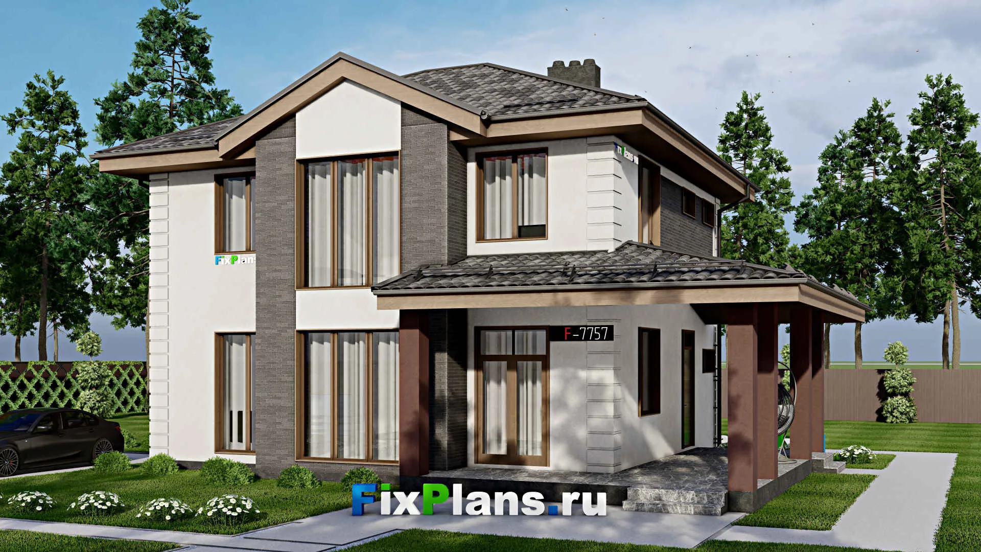 F-7757 - Проект двухэтажного дома 12 на 14, площадью 190 м² с террасой и 4 спальнями