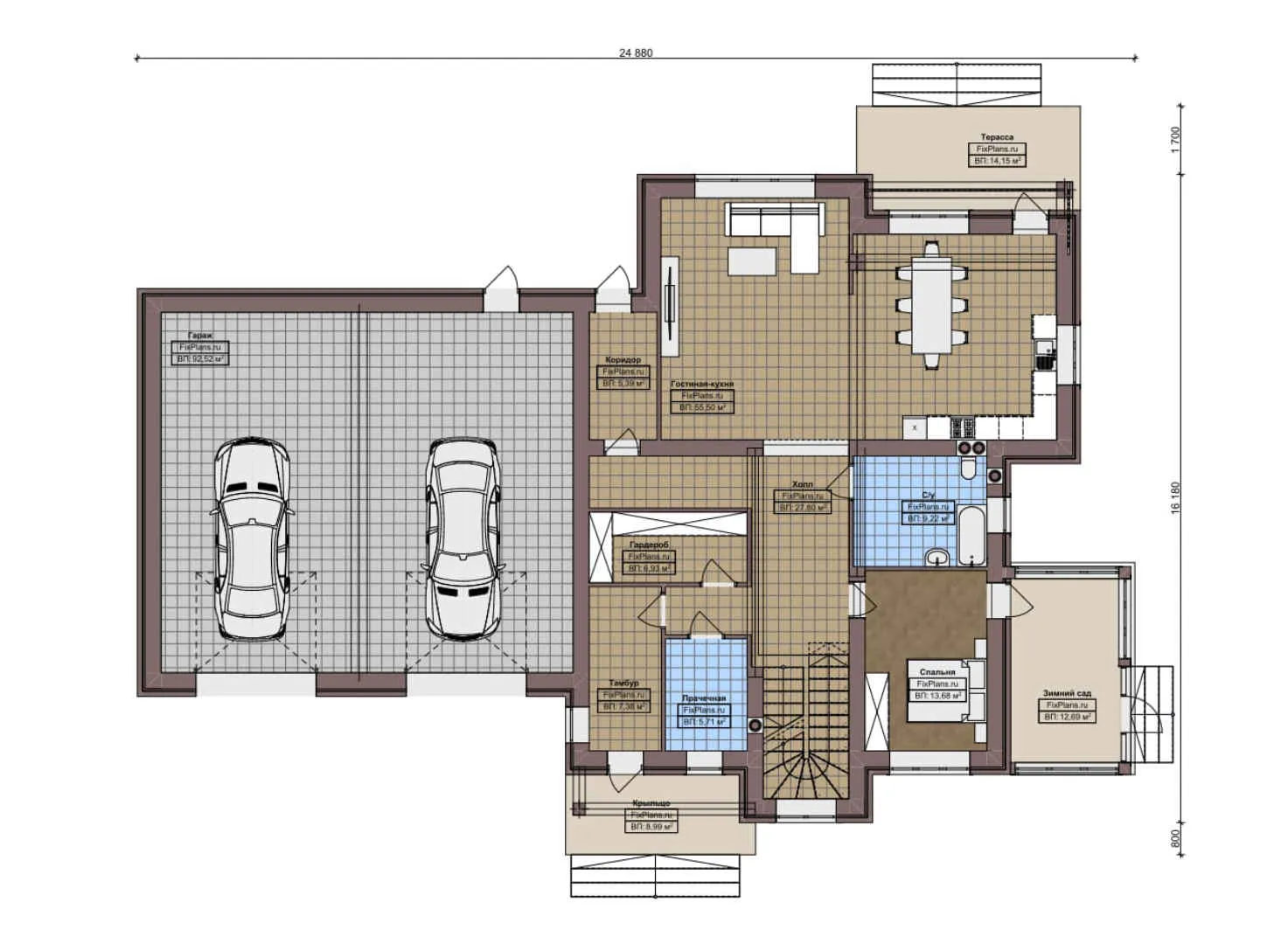 F-5507 - Планы двухэтажного дома 17 на 25, площадью 500 м² с террасой, балконом, гаражом на 2 машины и 4 спальнями