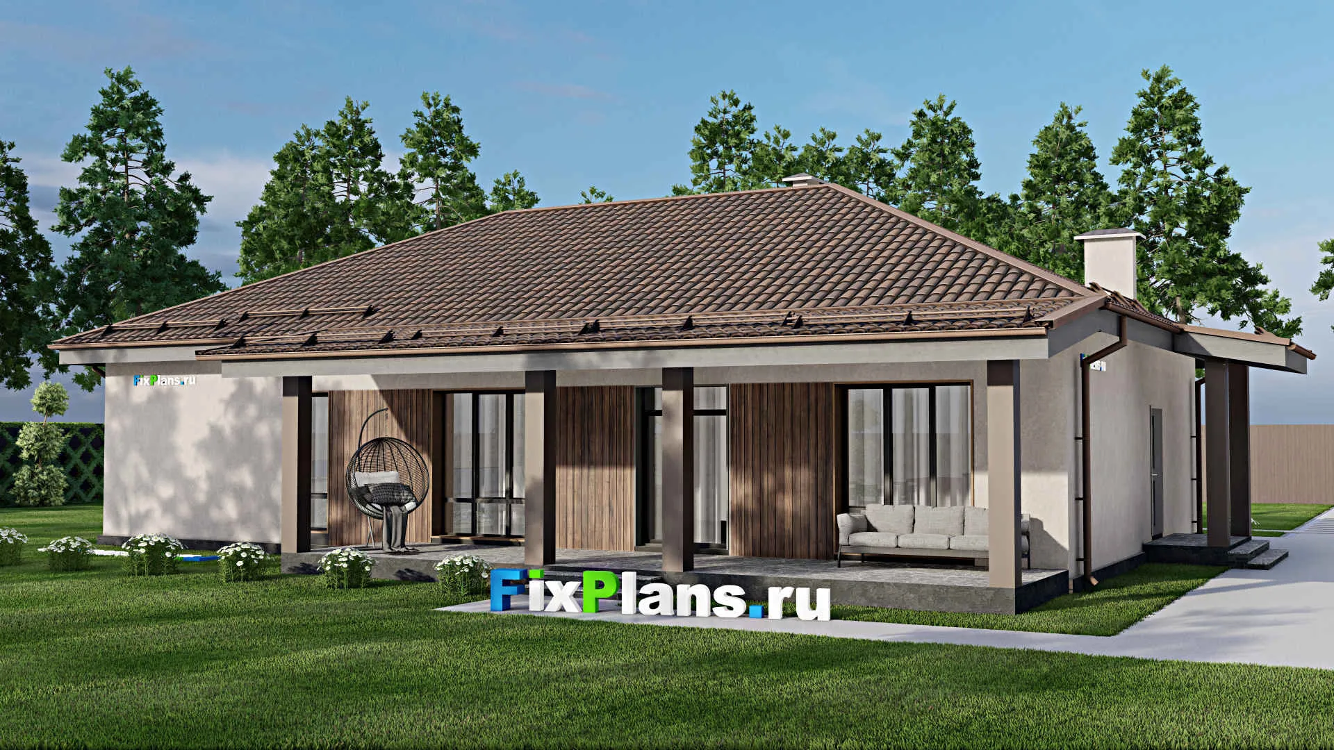 F-8747 - Проект одноэтажного дома 14 на 18, площадью 180 м² с террасой и 5 спальнями