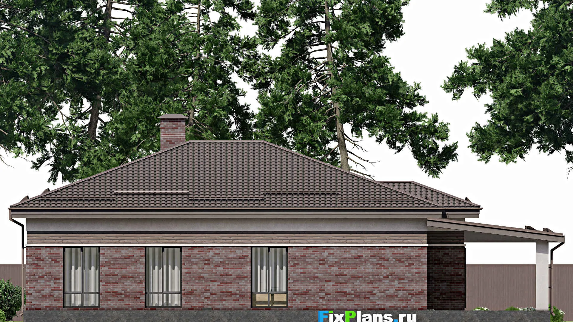 F-2465 - Проект одноэтажного дома 19 на 21, площадью 340 м² с террасой, гаражом на 2 машины и 3 спальнями