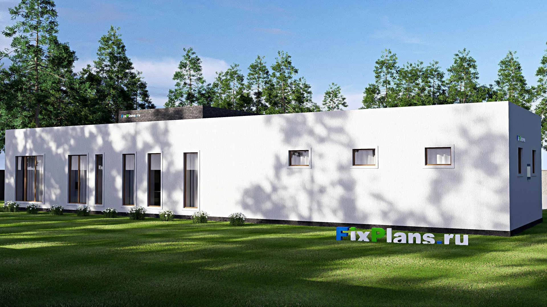 F-18908 - Проект одноэтажного дома 28 на 28, площадью 310 м² с террасой, баней, гаражом на 2 машины и 3 спальнями