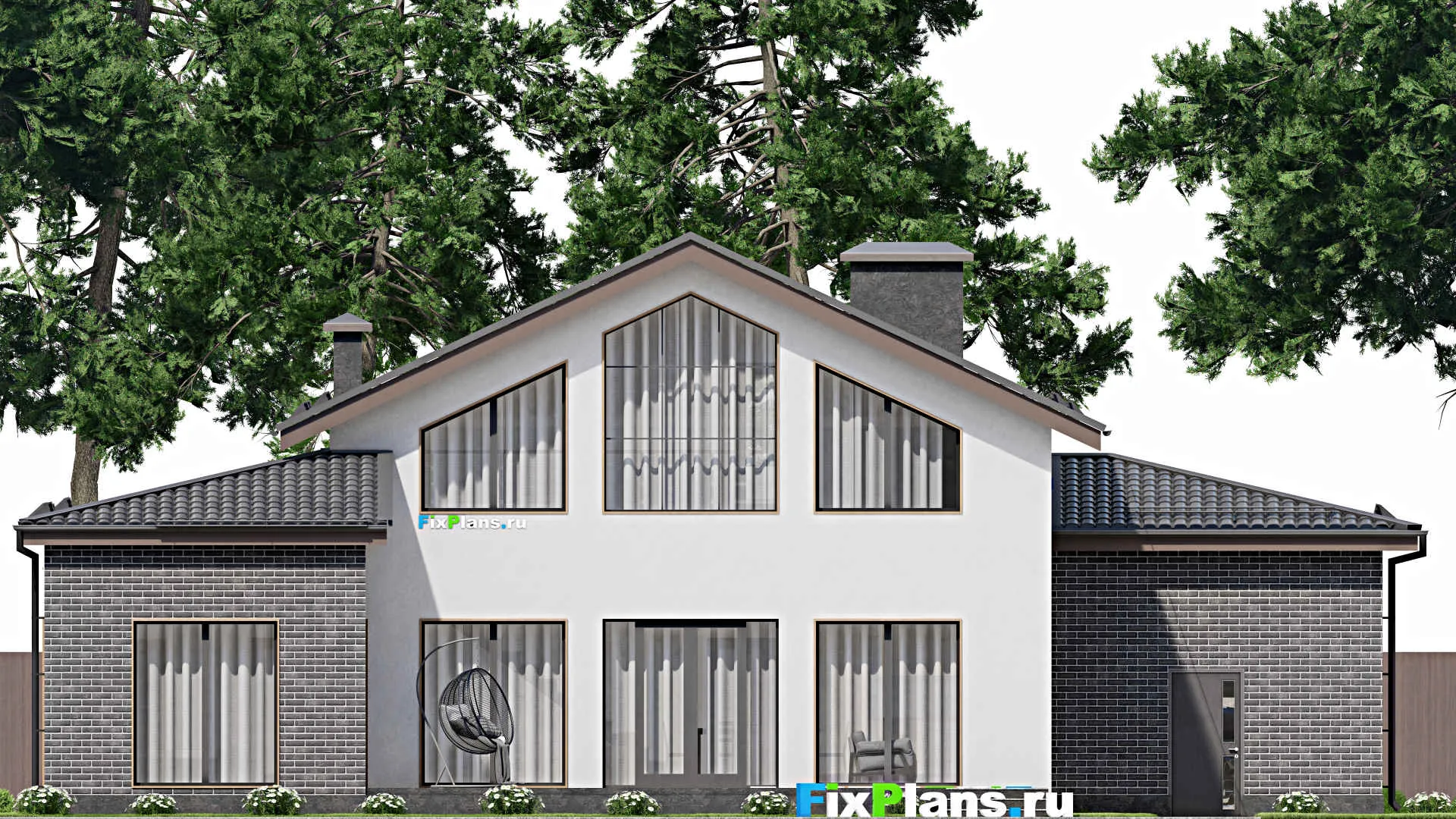 F-6668 - Проект дома с мансардой 17 на 19, площадью 310 м² с террасой, гаражом на 1 машину и 3 спальнями