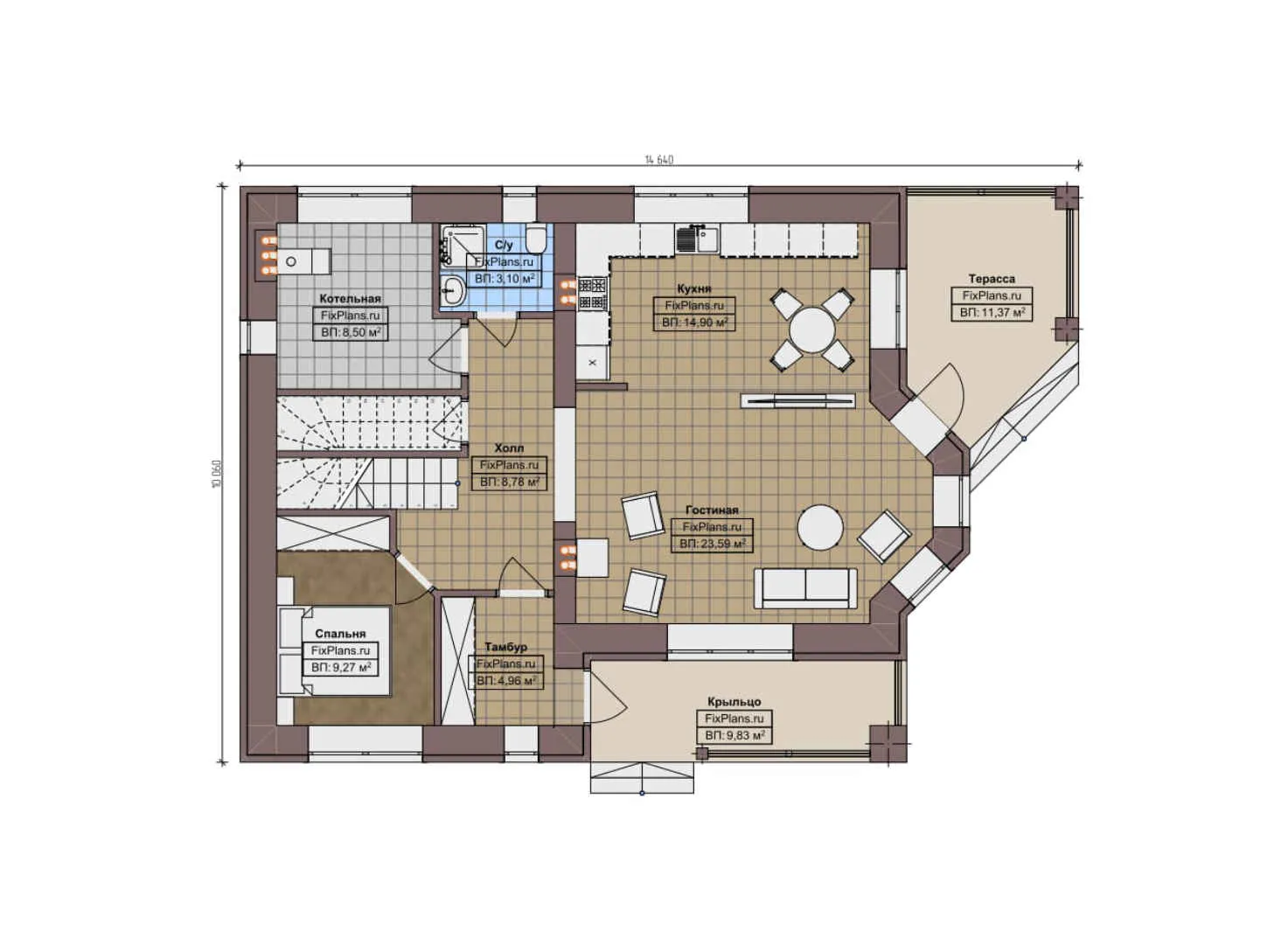 F-10196 - Планы дома с мансардой 11 на 15, площадью 180 м² с террасой и 4 спальнями