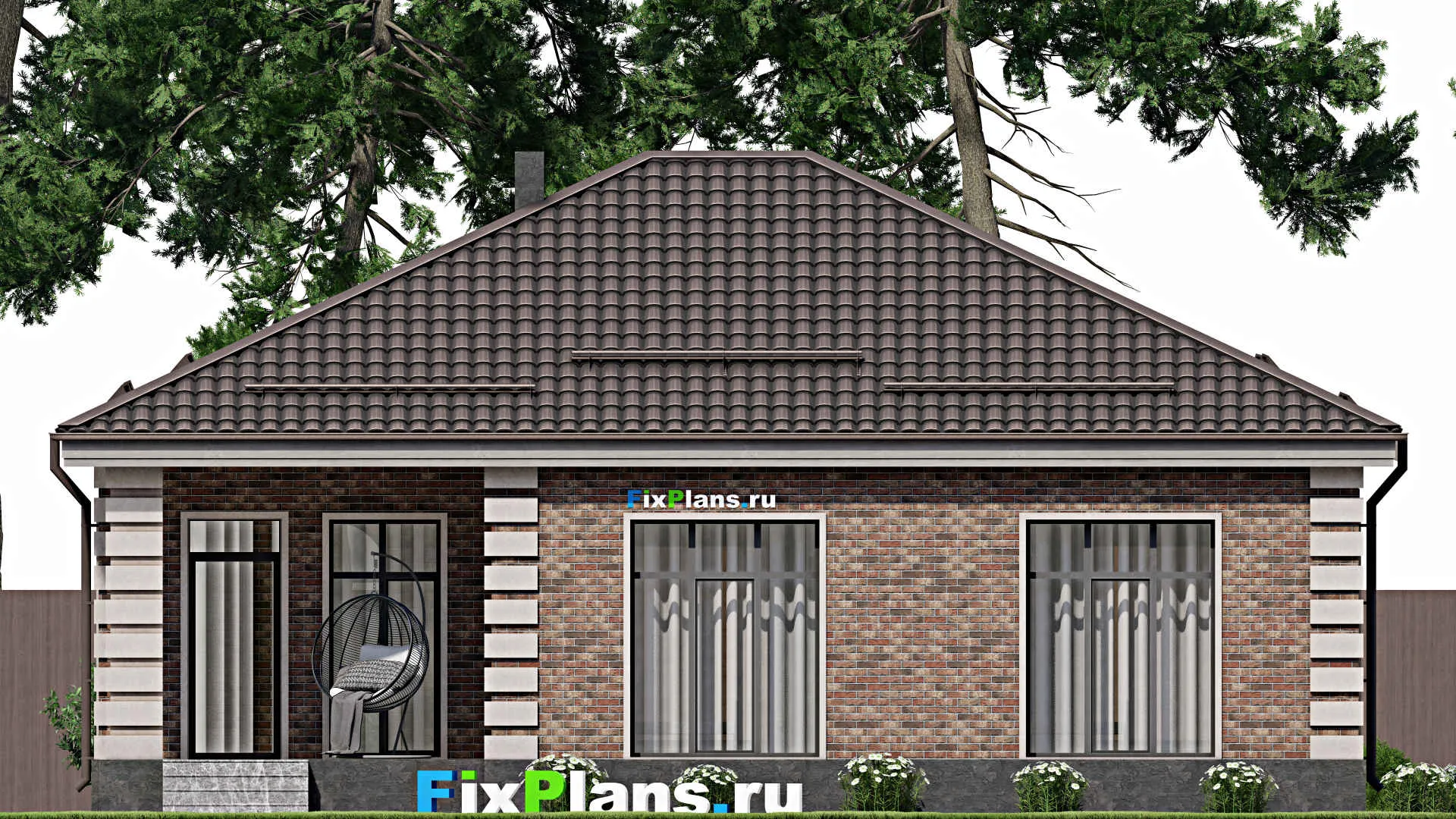 F-2078 - Проект одноэтажного дома 13 на 13, площадью 130 м² с террасой и 3 спальнями