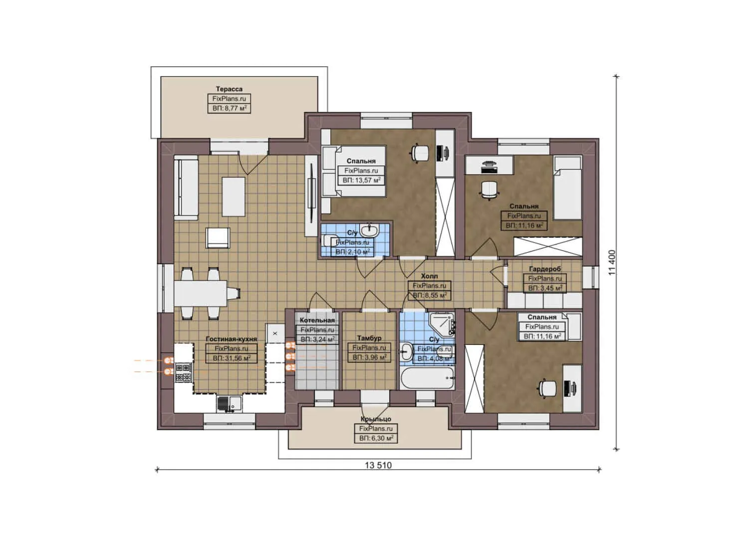 F-7262 - План одноэтажного дома 12 на 14, площадью 110 м² с террасой и 3 спальнями