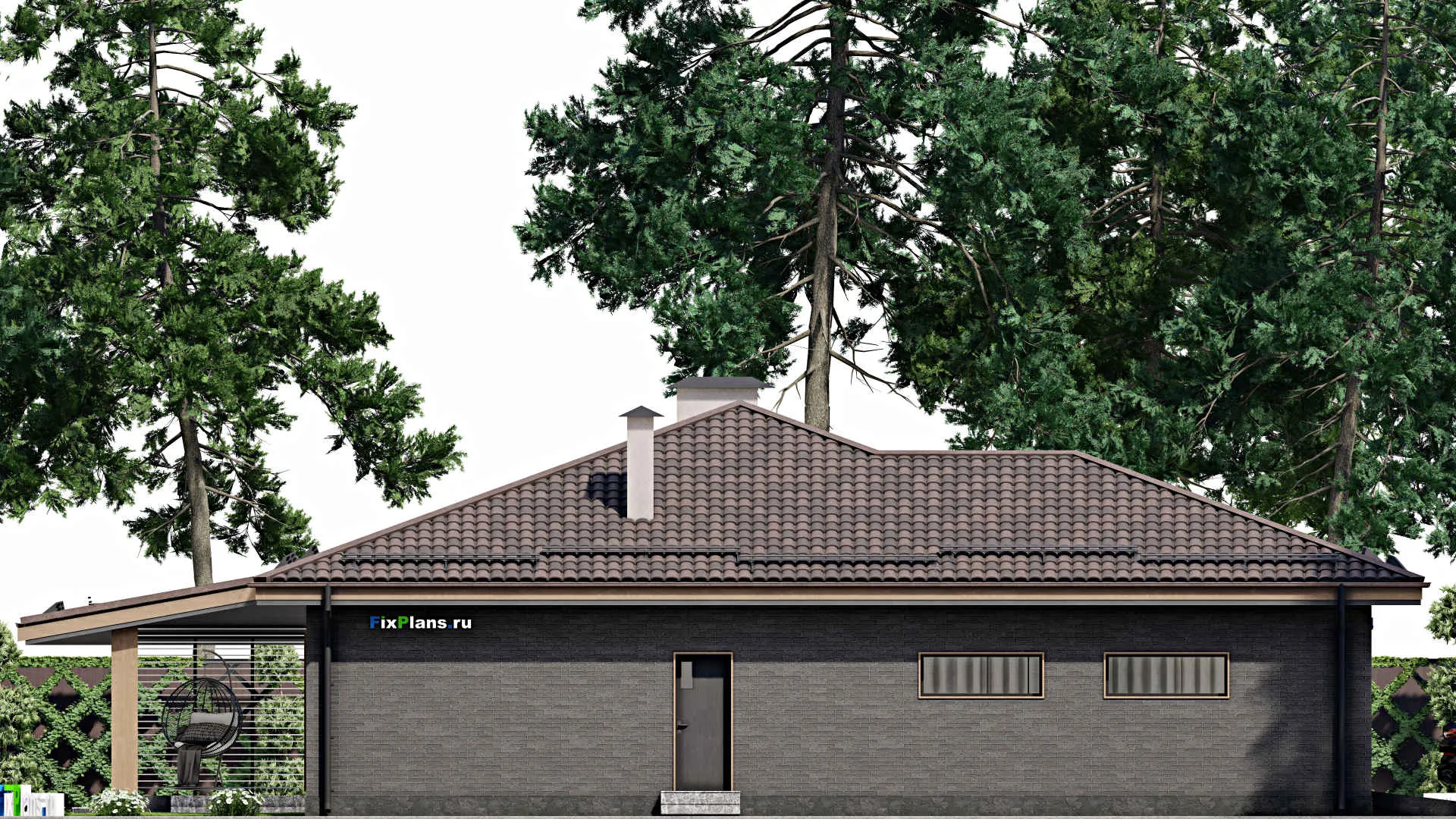 F-6749 - Проект одноэтажного дома 17 на 20, площадью 220 м² с террасой, гаражом на 2 машины и 3 спальнями