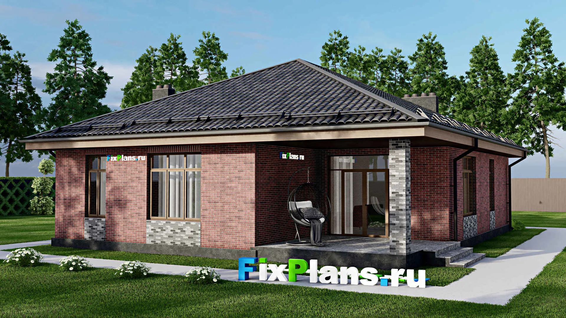 F-8468 - Проект одноэтажного дома 12 на 16, площадью 140 м² с террасой, баней и 2 спальнями