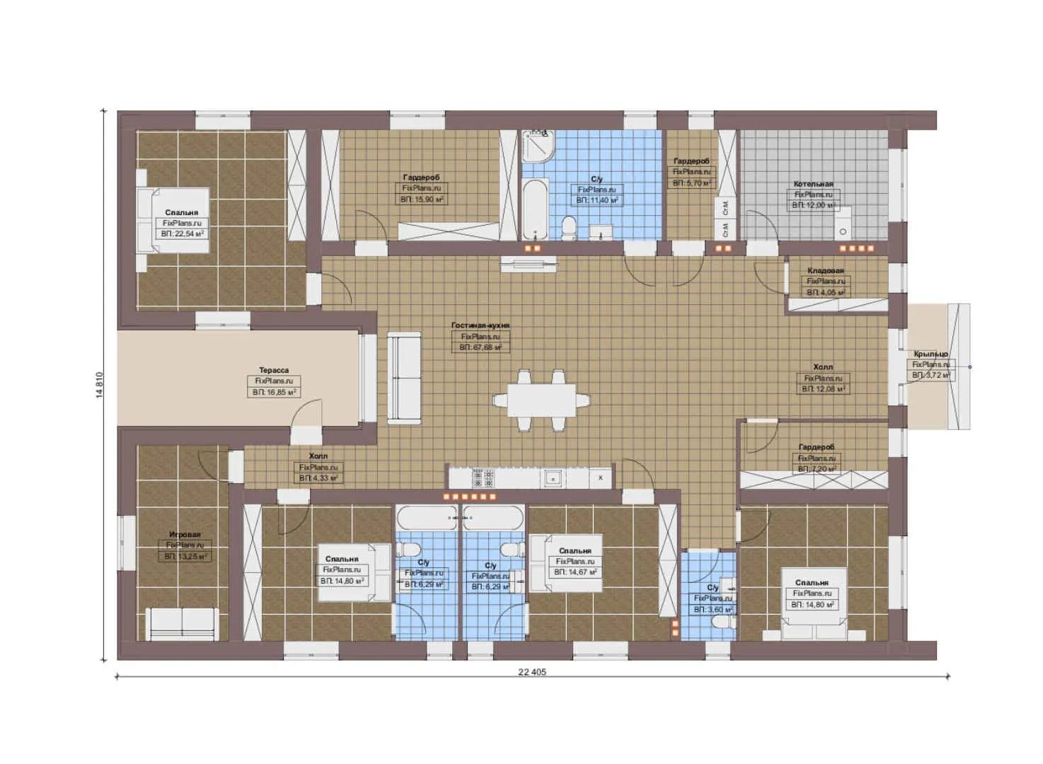 F-13085 - План одноэтажного дома 15 на 23, площадью 260 м² с террасой и 4 спальнями