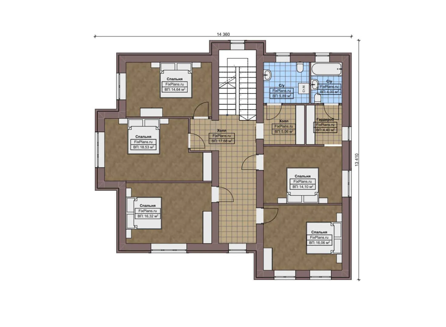 F-2402 - Планы двухэтажного дома с мансардой 14 на 15, площадью 330 м² с террасой и 8 спальнями