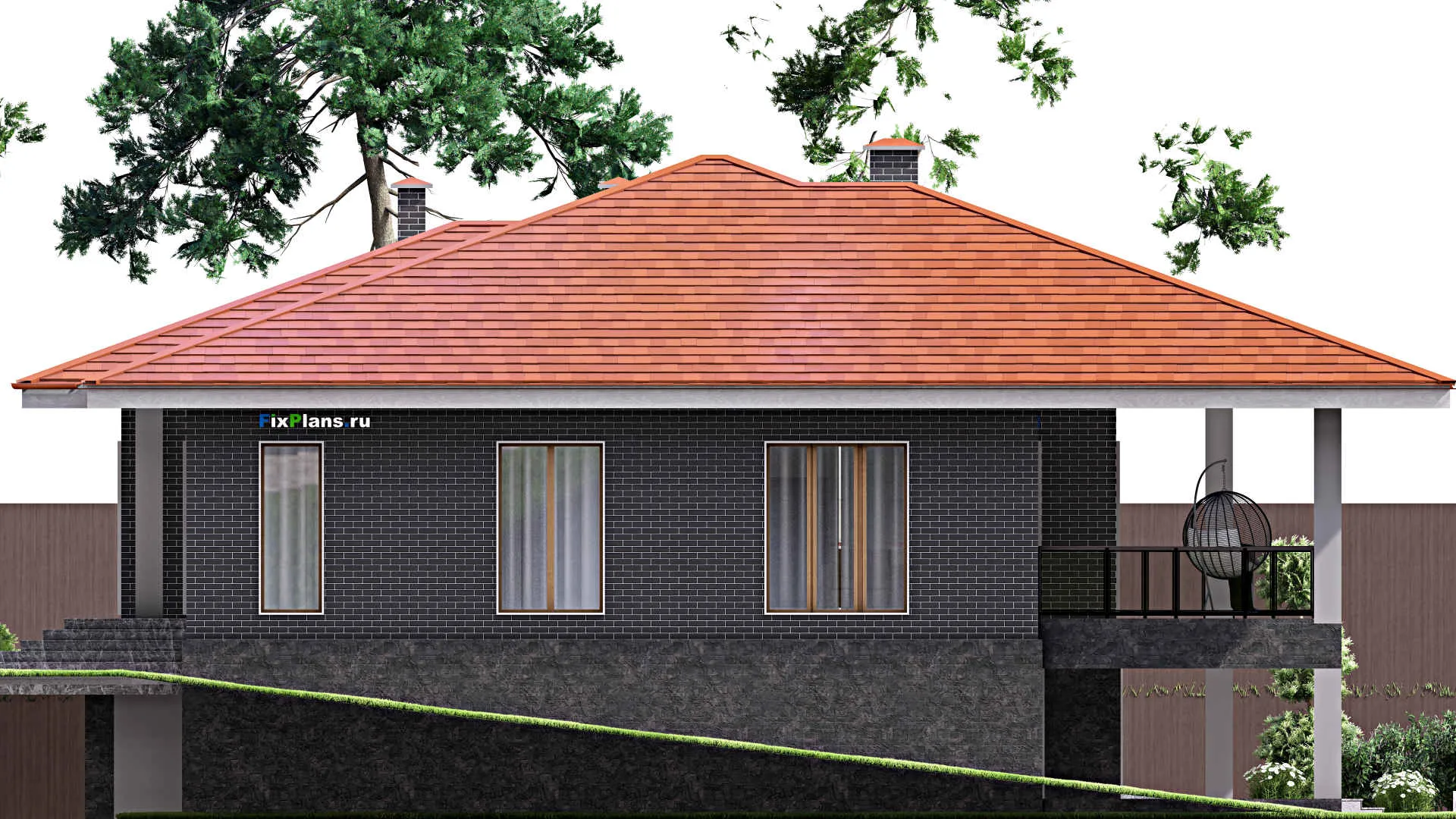 F-13247 - Проект одноэтажного дома 18 на 19, площадью 380 м² с террасой, цокольным этажом, спортзалом и 4 спальнями