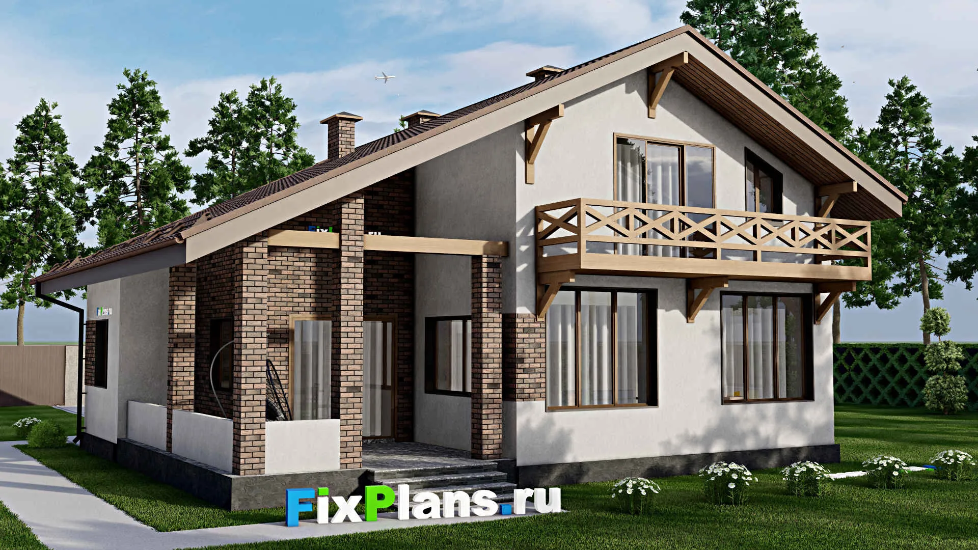 F-9224 - Проект дома с мансардой 13 на 13, площадью 210 м² с террасой, балконом и 3 спальнями