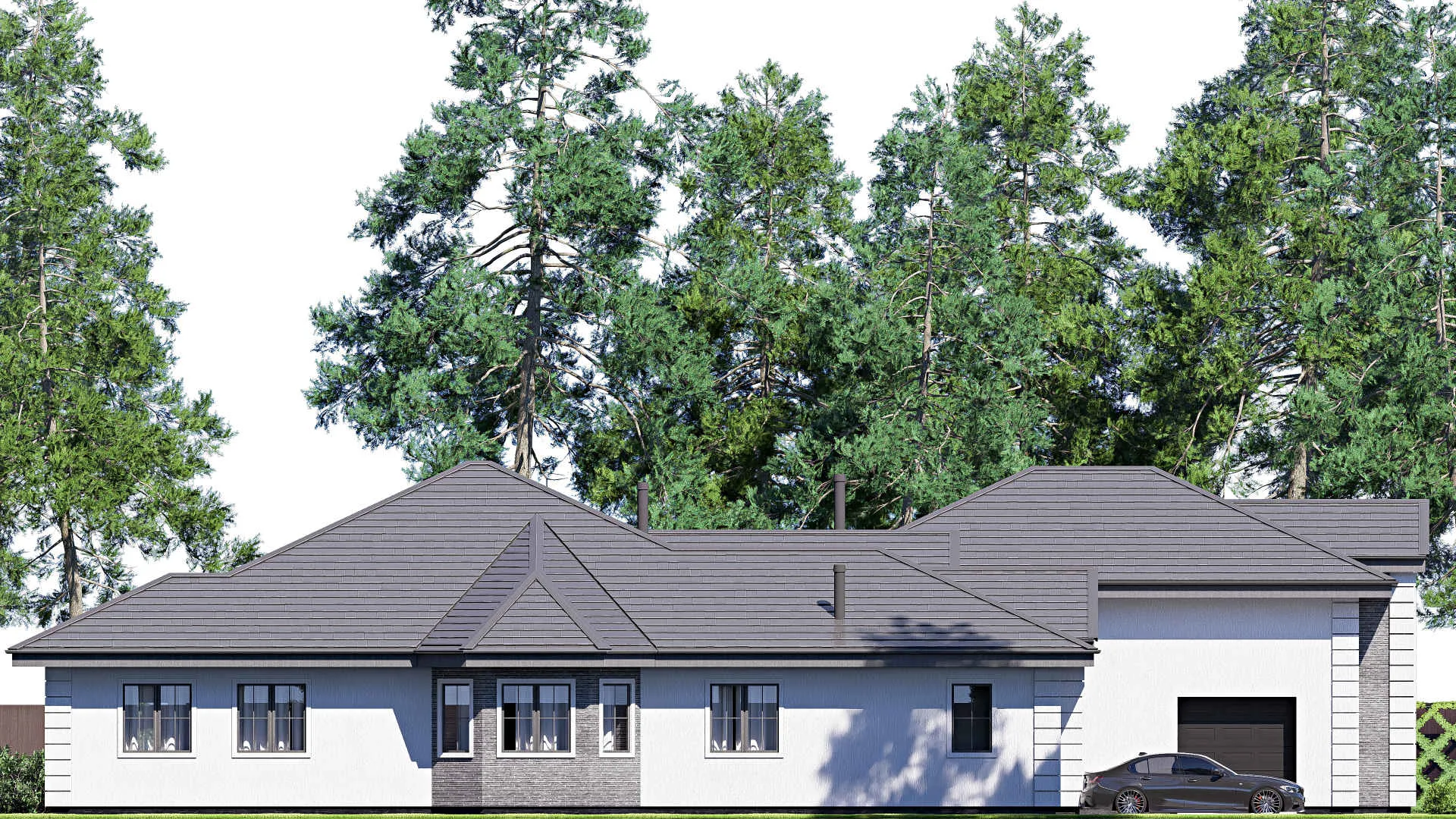 F-19799 - Проект дома с мансардой 21 на 29, площадью 410 м² с террасой, гаражом на 2 машины и 3 спальнями