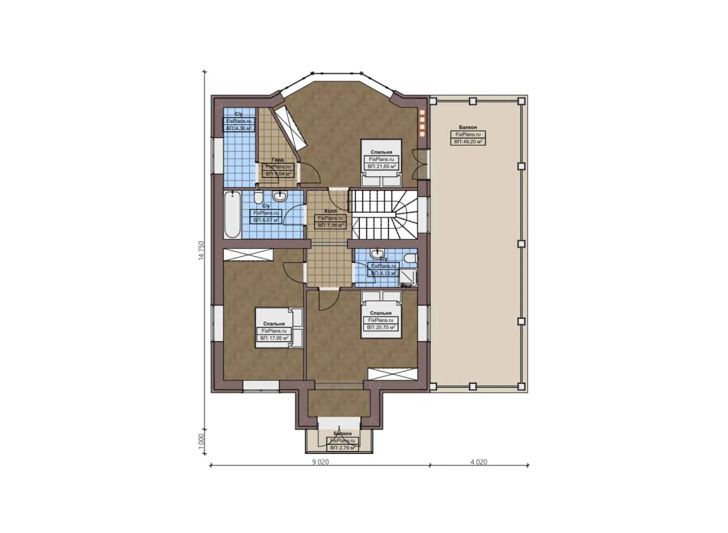 F-2699 - Планы двухэтажного дома 14 на 14, площадью 300 м² с террасой, балконом, гаражом на 1 машину, бассейном и 4 спальнями