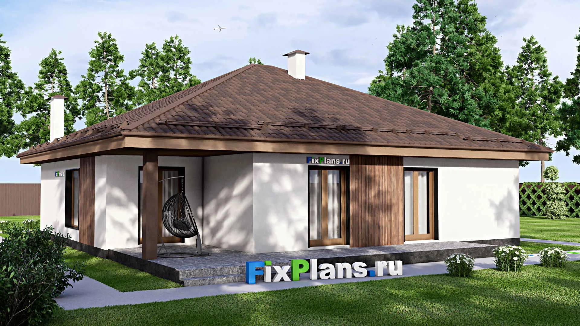 F-16964 - Проект одноэтажного дома 16 на 20, площадью 210 м² с террасой, гаражом на 1 машину и 3 спальнями