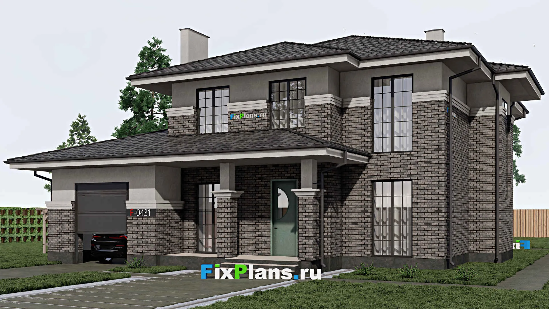 F-0431 - Проект двухэтажного дома 17 на 27, площадью 380 м² с террасой, гаражом на 1 машину, бассейном и 5 спальнями