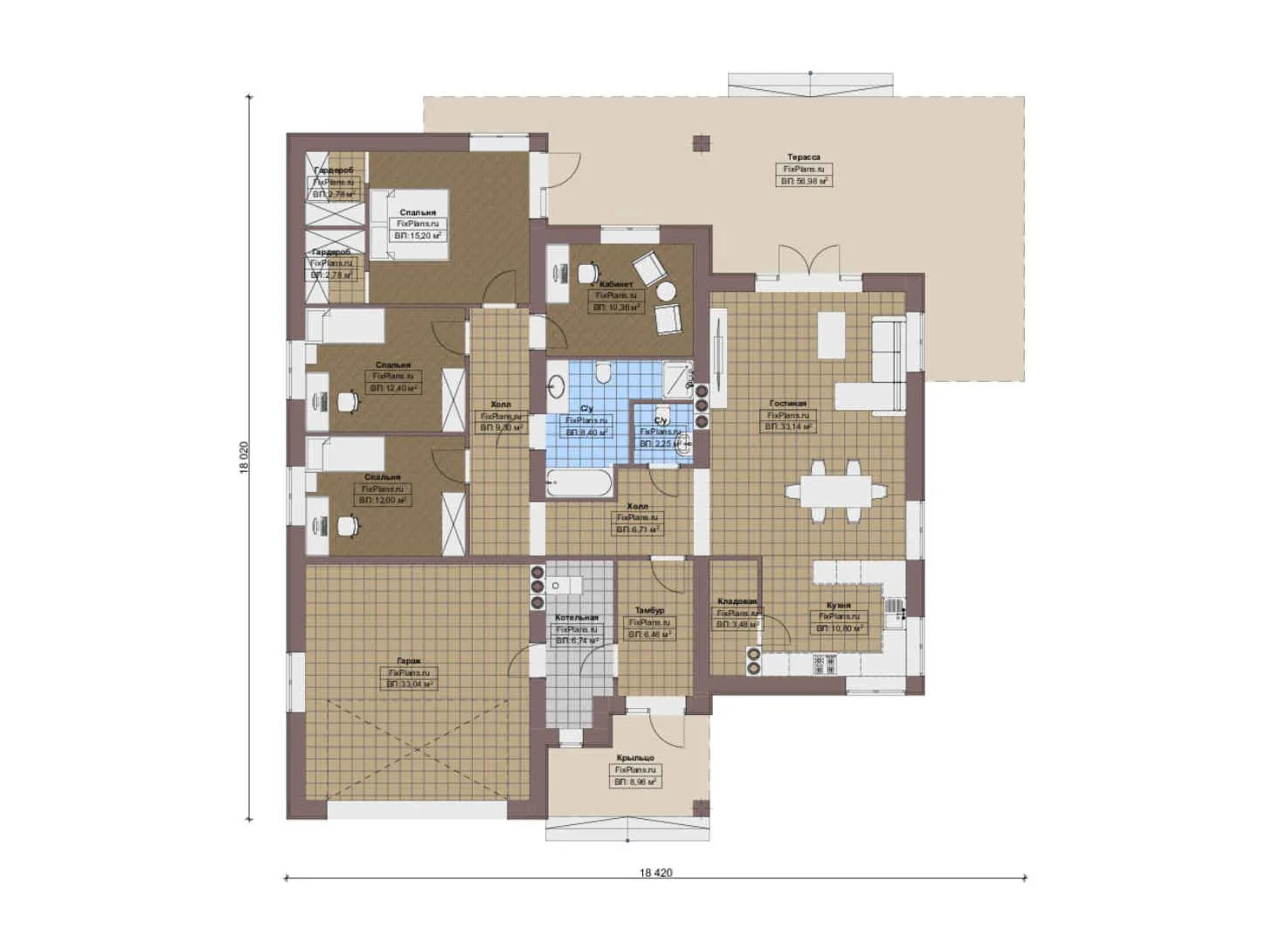 F-15902 - План одноэтажного дома 19 на 19, площадью 250 м² с террасой, гаражом на 1 машину и 3 спальнями
