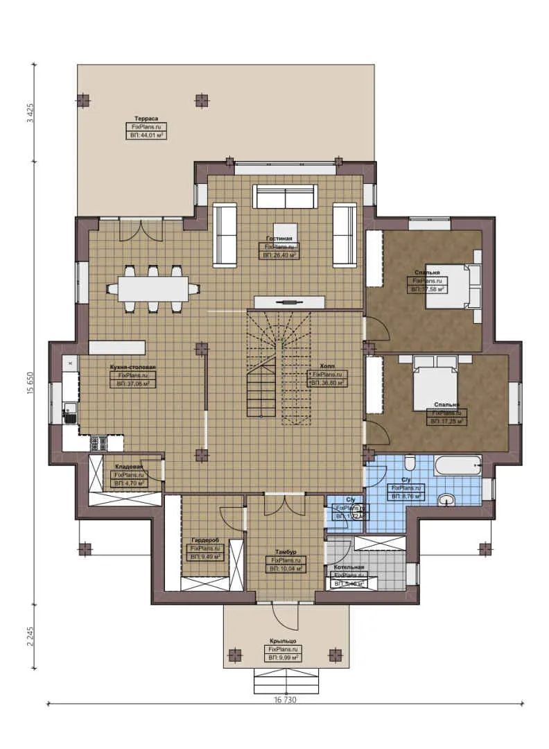 F-2717 - Планы двухэтажного дома 16 на 17, площадью 380 м² с террасой и 7 спальнями