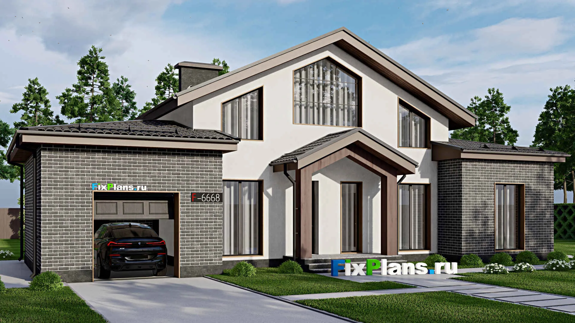 F-6668 - Проект дома с мансардой 17 на 19, площадью 310 м² с террасой, гаражом на 1 машину и 3 спальнями