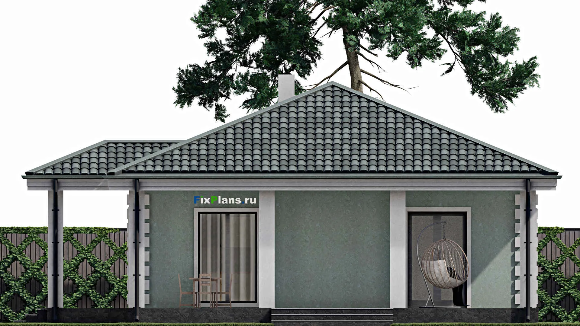 F-1187 - Проект одноэтажного дома 10 на 10, площадью 120 м² с террасой и 3 спальнями