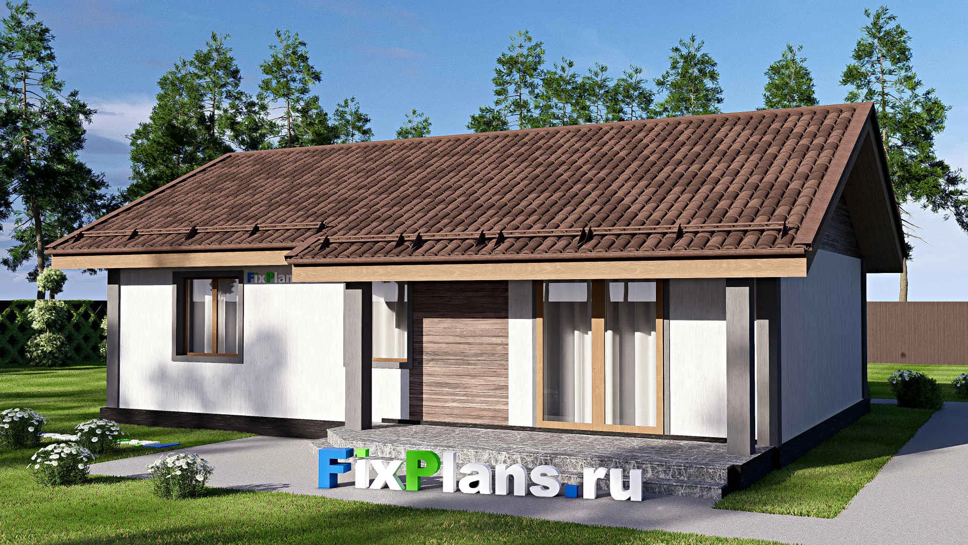 F-17261 - Проект одноэтажного дома 13 на 13, площадью 110 м² с террасой и 3 спальнями