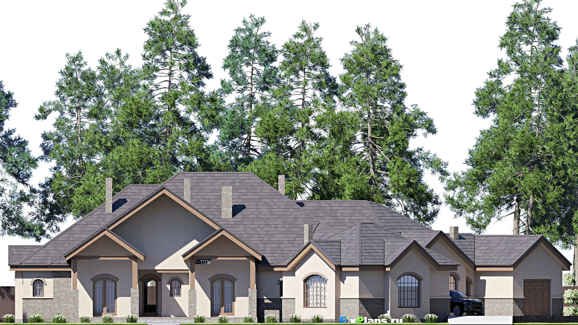 F-17216 - План одноэтажного дома 26 на 35, площадью 460 м² с террасой, гаражом на 2 машины и 3 спальнями