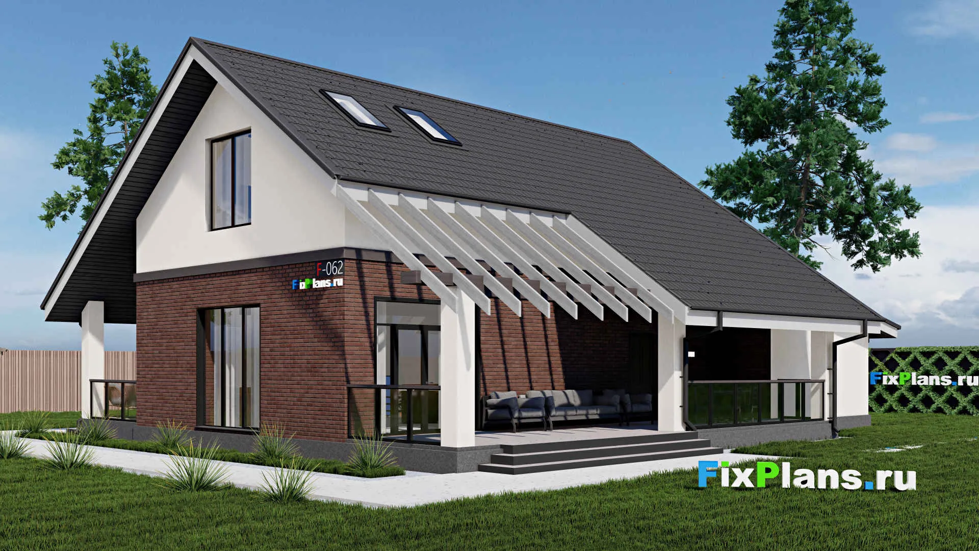 F-0062 - Проект дома с мансардой 14 на 18, площадью 280 м² с террасой, гаражом на 2 машины и 3 спальнями