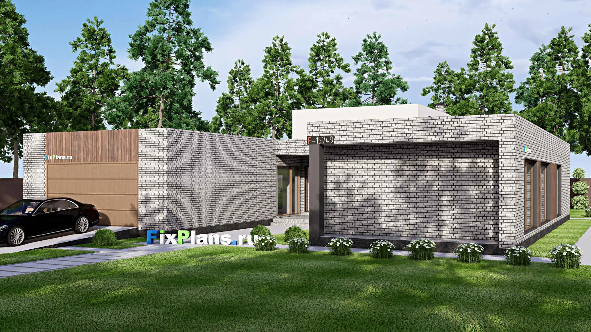 F-15749 - Проект одноэтажного дома 21 на 21, площадью 300 м² с террасой, гаражом на 2 машины и 3 спальнями