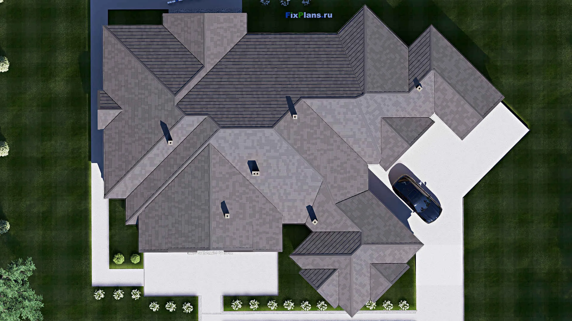 F-17216 - План одноэтажного дома 26 на 35, площадью 460 м² с террасой, гаражом на 2 машины и 3 спальнями