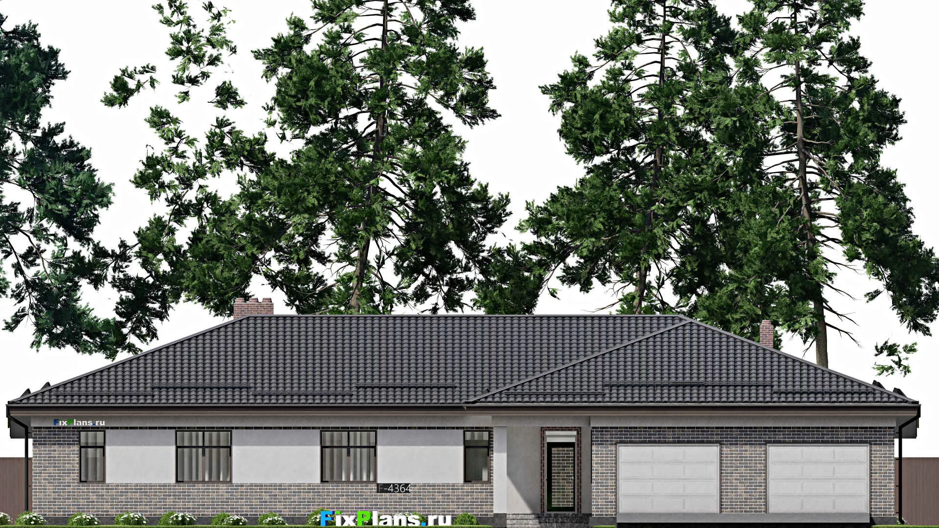 F-4364 - Проект одноэтажного дома 20 на 26, площадью 440 м² с террасой, баней, гаражом на 2 машины и 3 спальнями