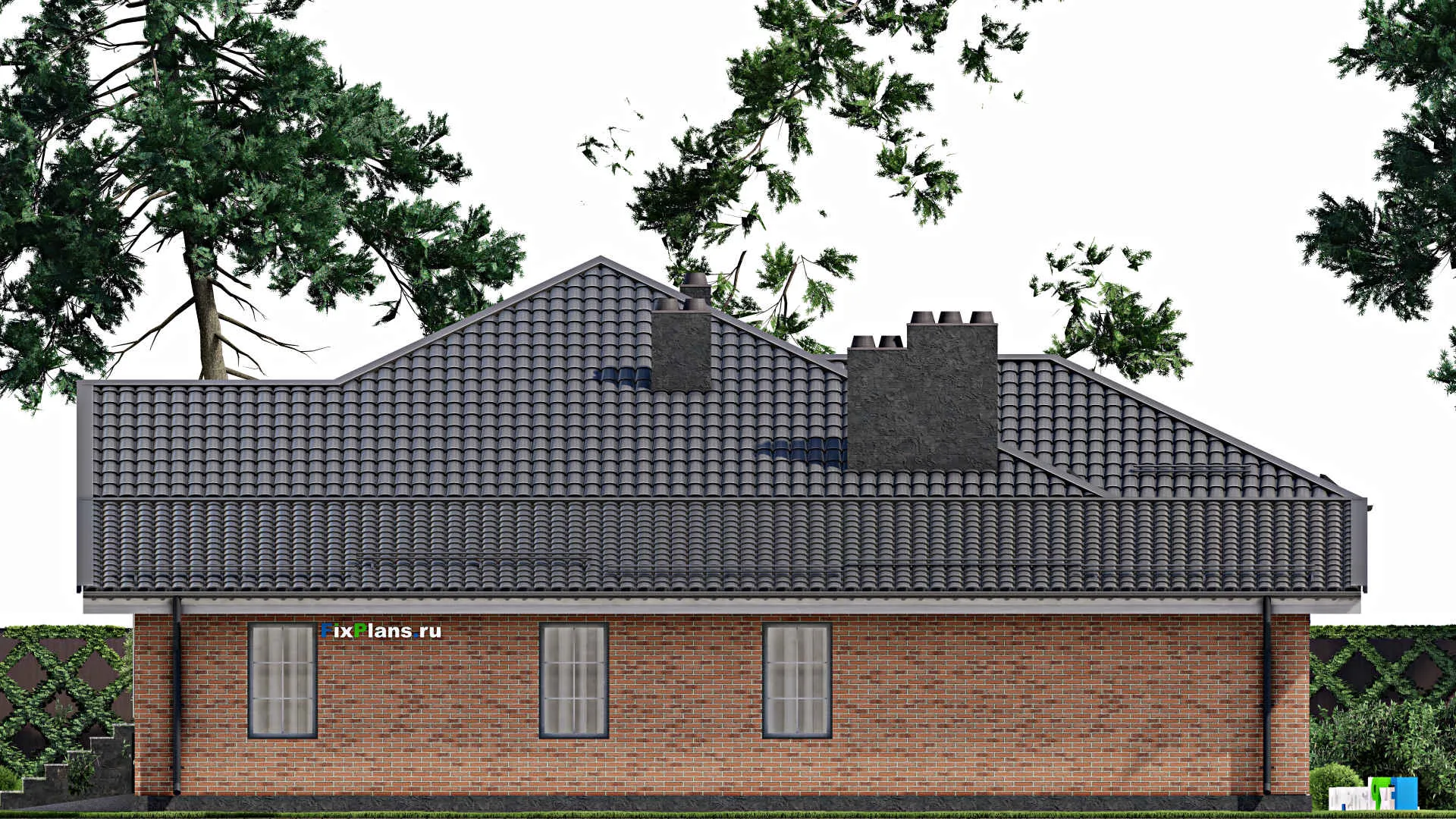 F-3878 - Проект одноэтажного дома 15 на 19, площадью 340 м² с террасой, цокольным этажом, баней, гаражом на 1 машину и 3 спальнями