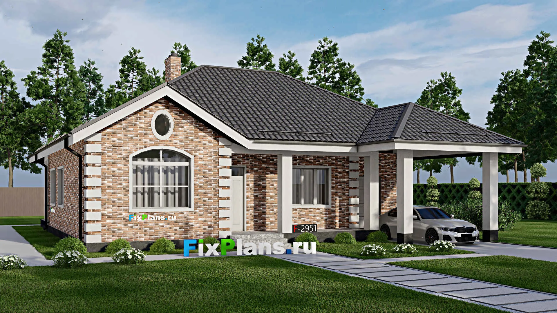 F-2951 - Проект одноэтажного дома 15 на 15, площадью 150 м² с террасой, гаражом на 1 машину и 3 спальнями