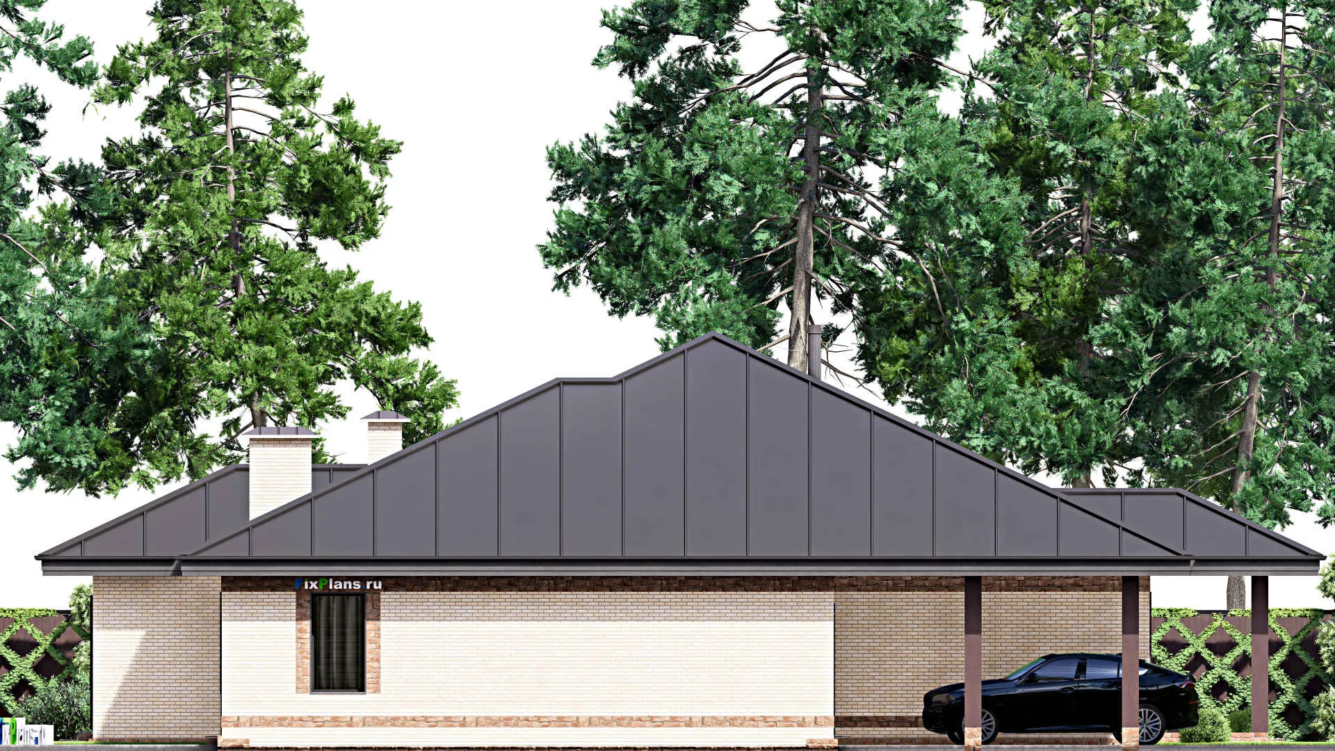 F-13958 - Проект одноэтажного дома 17 на 21, площадью 210 м² с террасой, гаражом на 2 машины и 3 спальнями