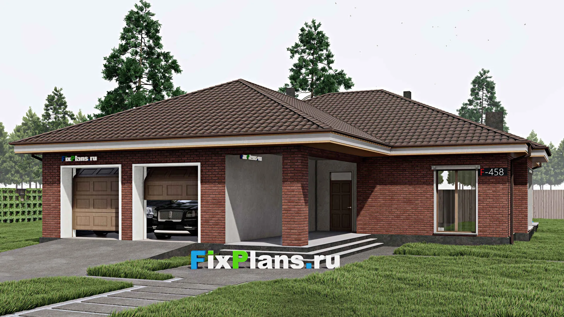 F-0458 - Проект одноэтажного дома 16 на 20, площадью 450 м² с террасой, гаражом на 2 машины и 6 спальнями