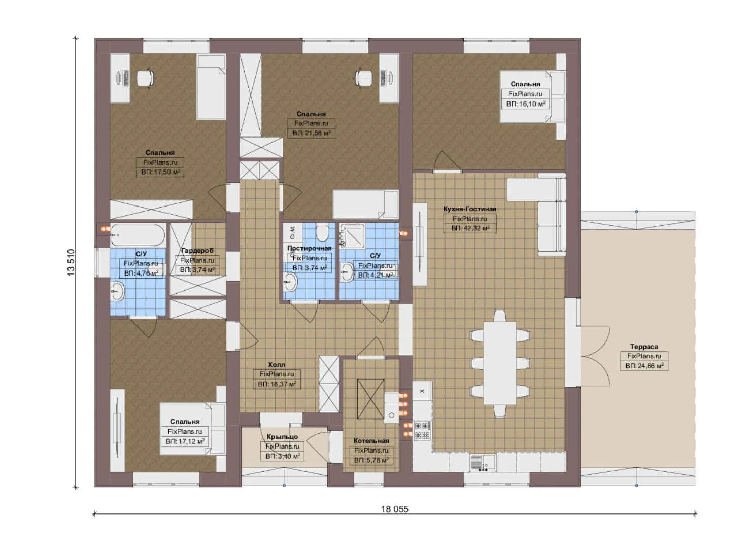 F-19115 - План одноэтажного дома 14 на 19, площадью 190 м² с террасой и 4 спальнями