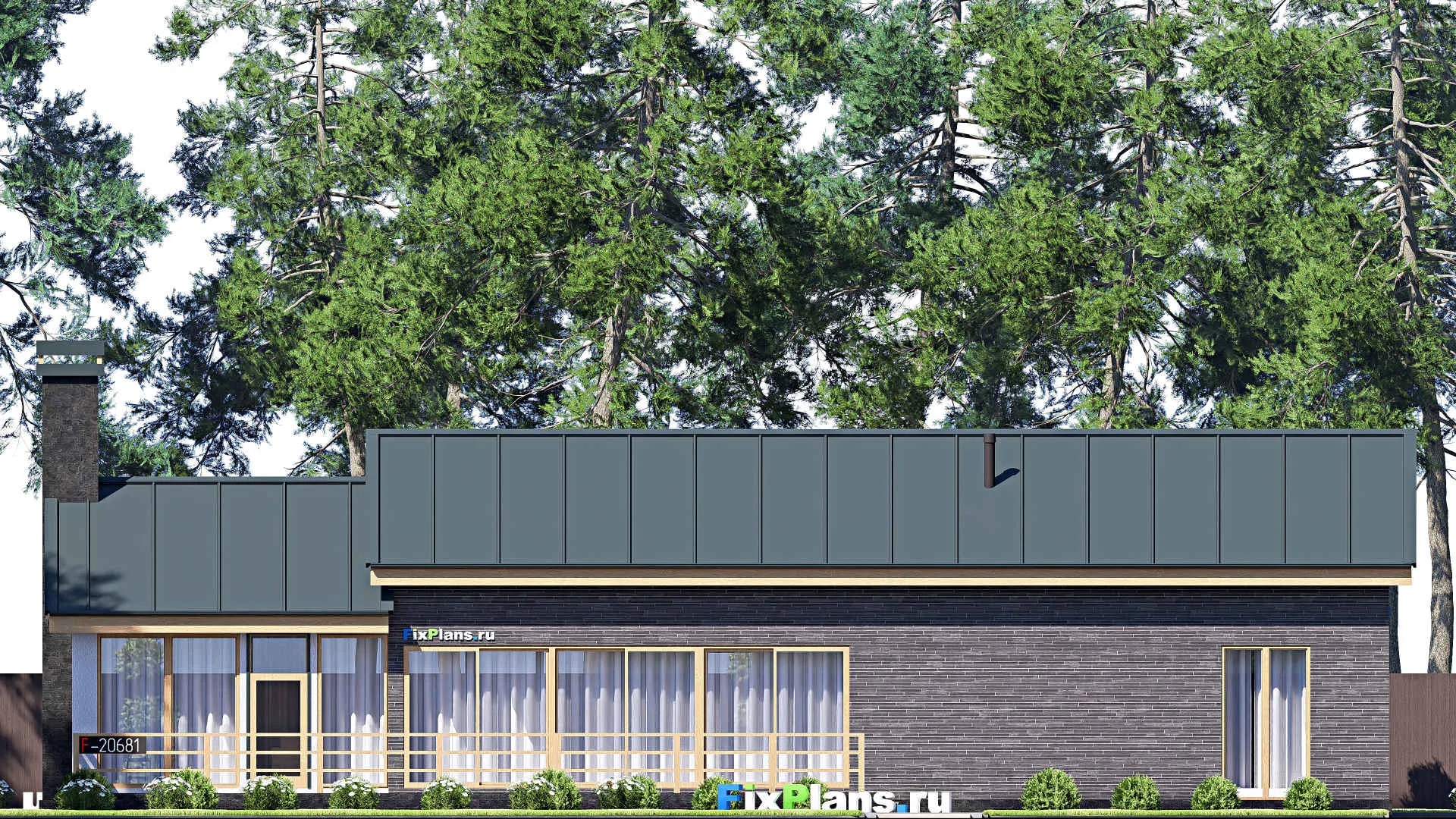 F-20681 - Проект одноэтажного дома 9 на 23, площадью 150 м² с террасой и 1 спальнями