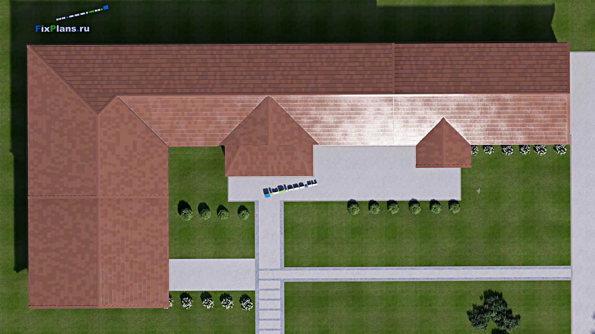 F-8324 - Проект одноэтажного дома 19 на 40, площадью 300 м² с террасой, гаражом на 2 машины и 5 спальнями