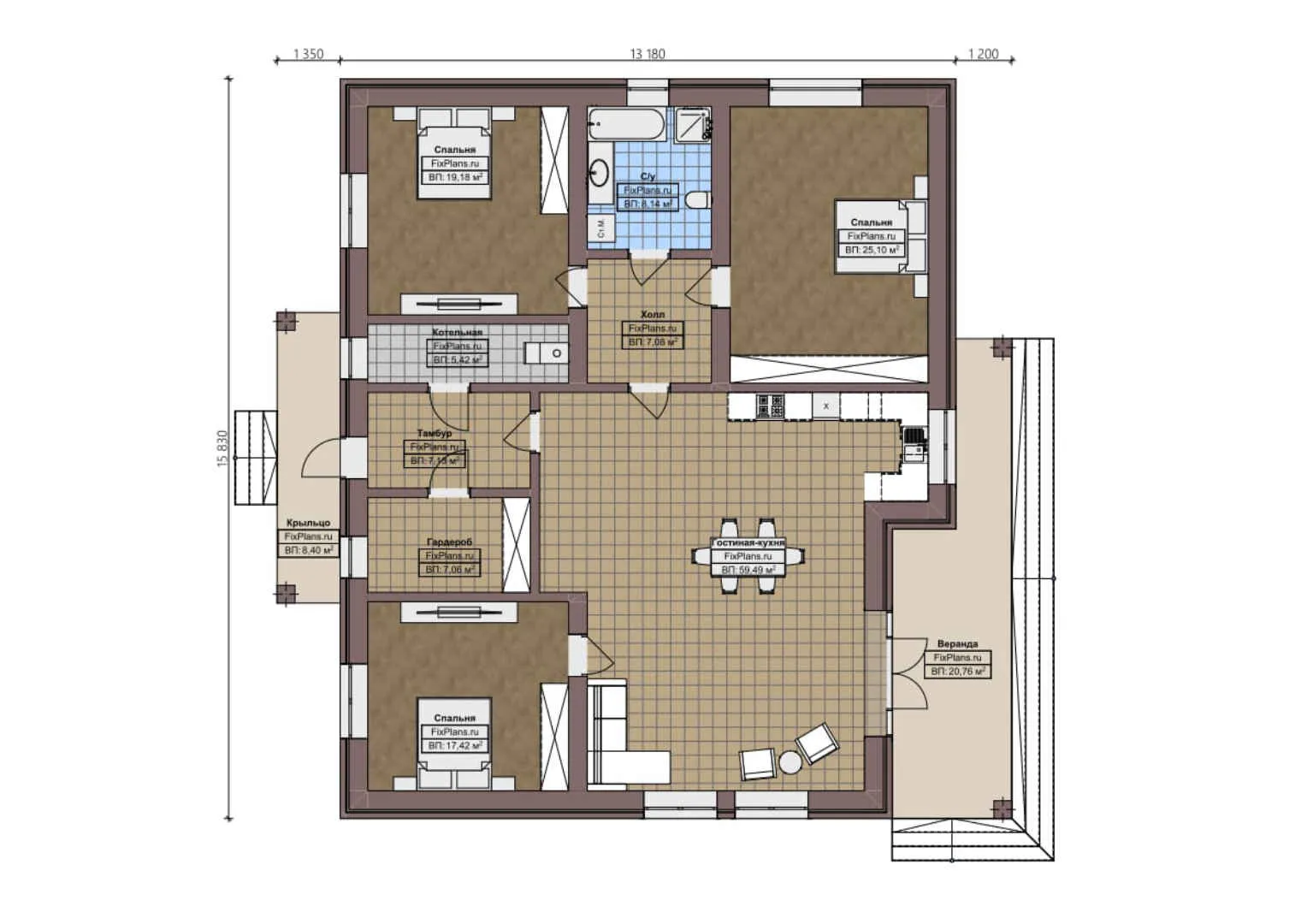 F-0683 - План одноэтажного дома 14 на 16, площадью 190 м² с террасой и 3 спальнями