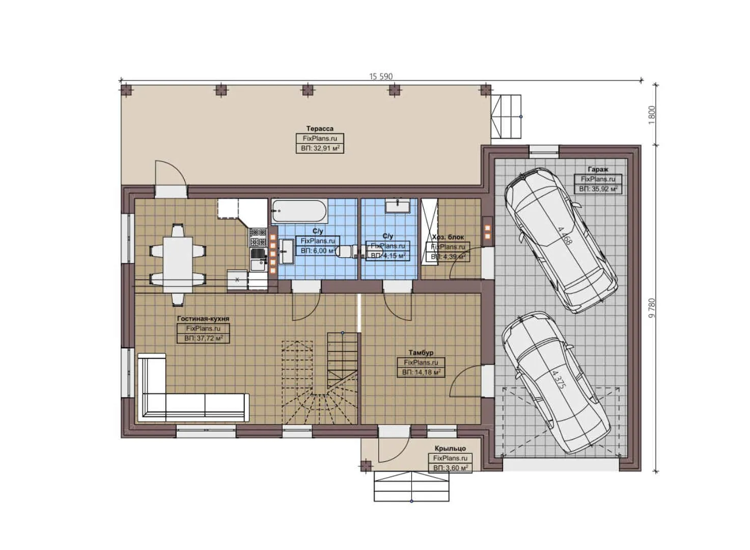 F-4508 - Планы двухэтажного дома 10 на 16, площадью 210 м² с террасой, балконом, гаражом на 2 машины и 3 спальнями