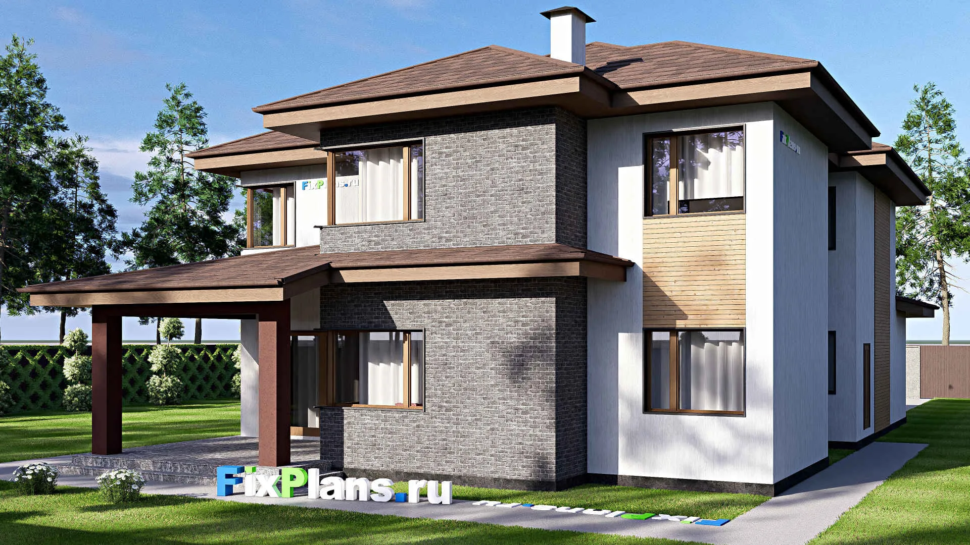 F-17252 - Проект двухэтажного дома 13 на 21, площадью 280 м² с террасой, балконом, баней, гаражом на 2 машины и 3 спальнями