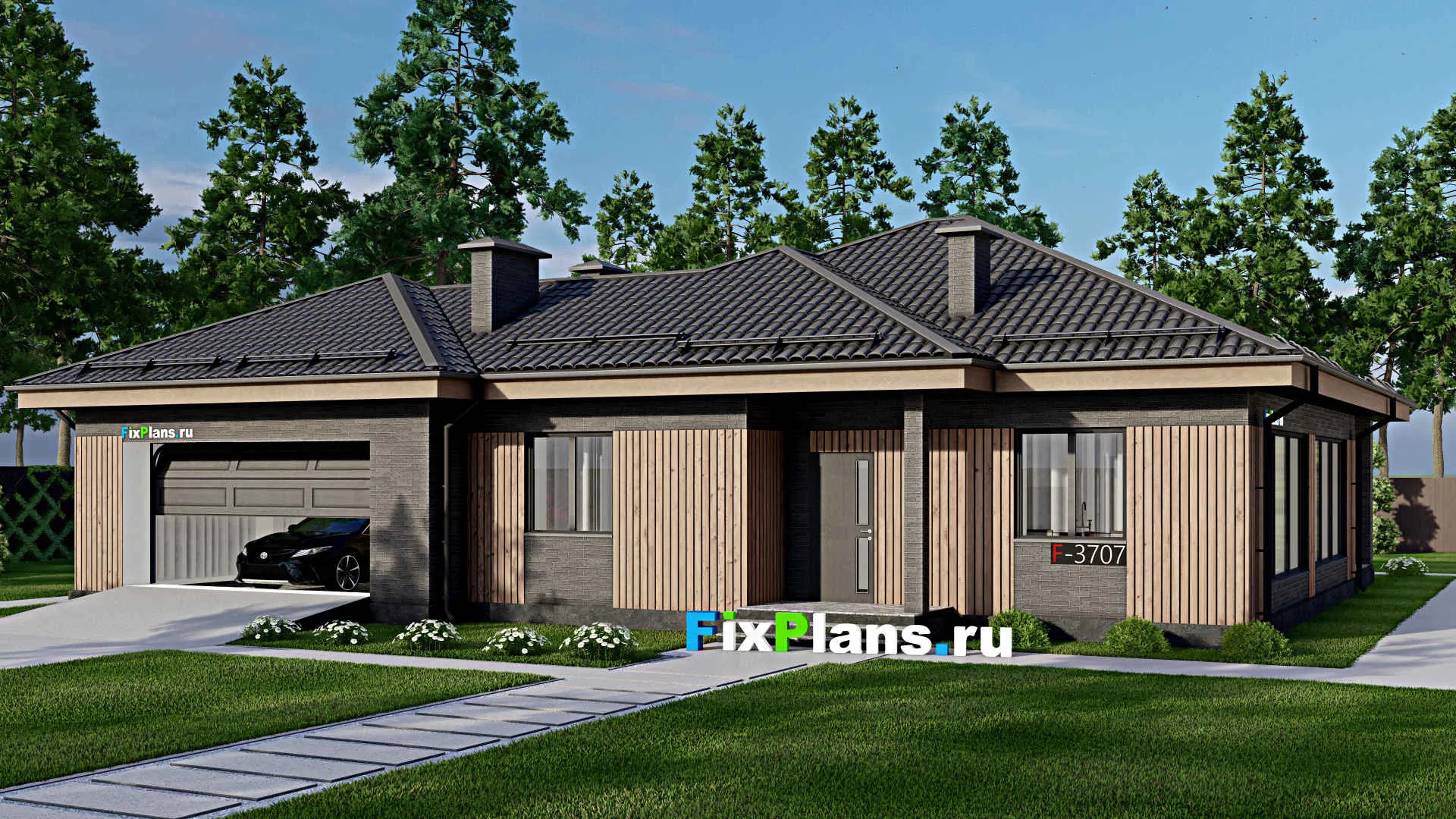 F-3707 - Проект одноэтажного дома 14 на 19, площадью 170 м² с террасой, гаражом на 2 машины и 2 спальнями