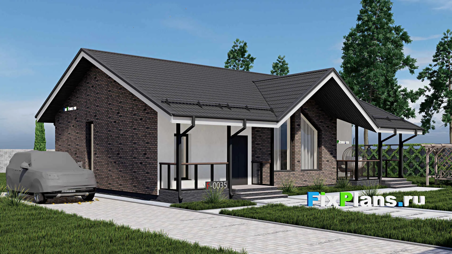 F-0035 - Проект одноэтажного дома 10 на 15, площадью 130 м² с террасой и 3 спальнями