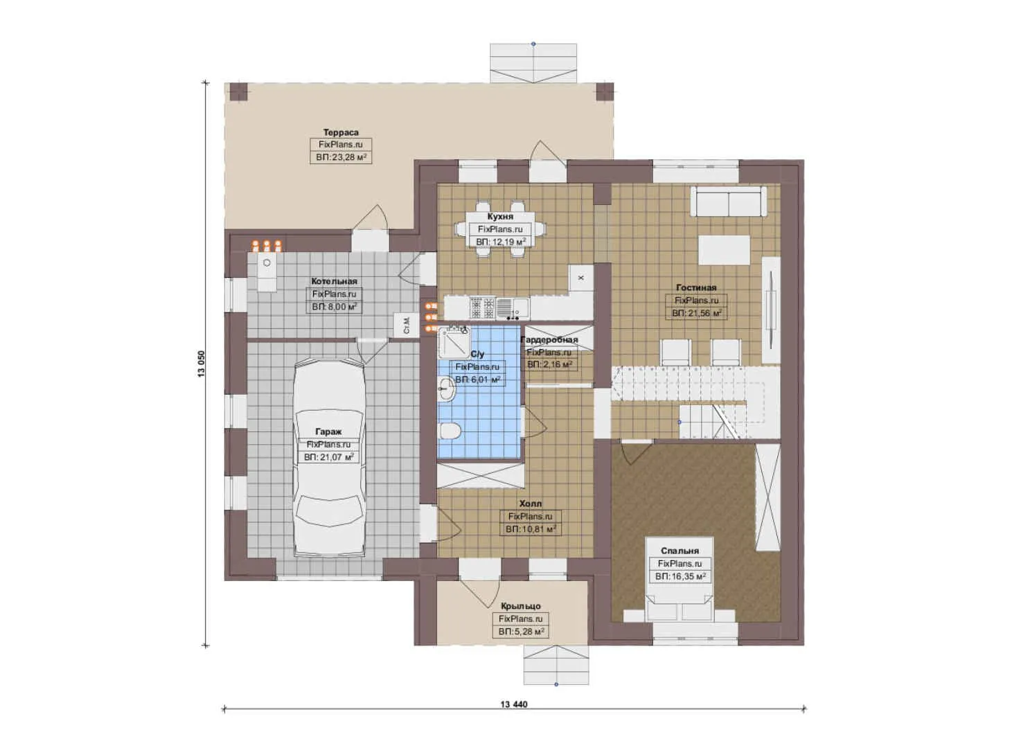 F-18071 - Планы дома с мансардой 14 на 14, площадью 200 м² с террасой, балконом, гаражом на 1 машину и 3 спальнями
