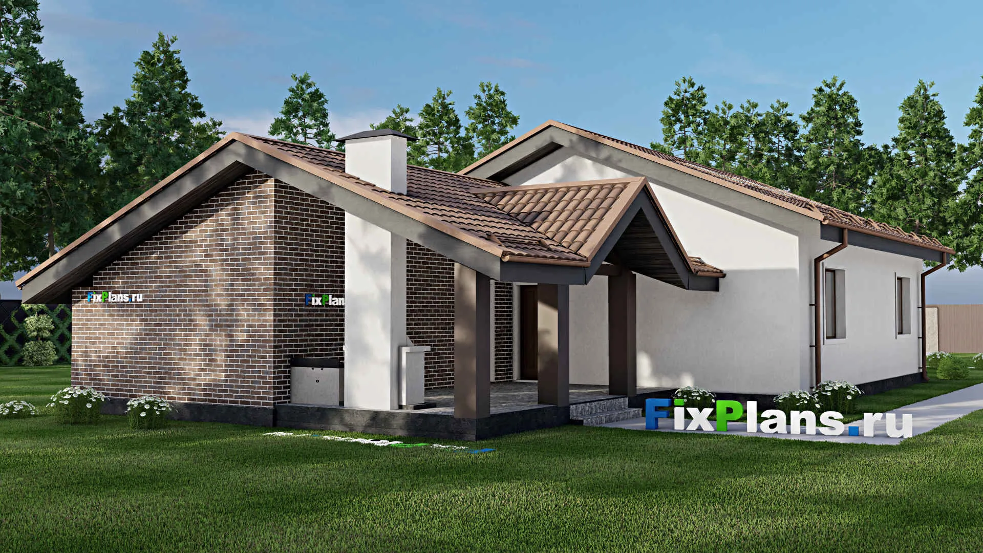 F-9053 - Проект одноэтажного дома 12 на 26, площадью 190 м² с террасой, баней, гаражом на 1 машину и 2 спальнями