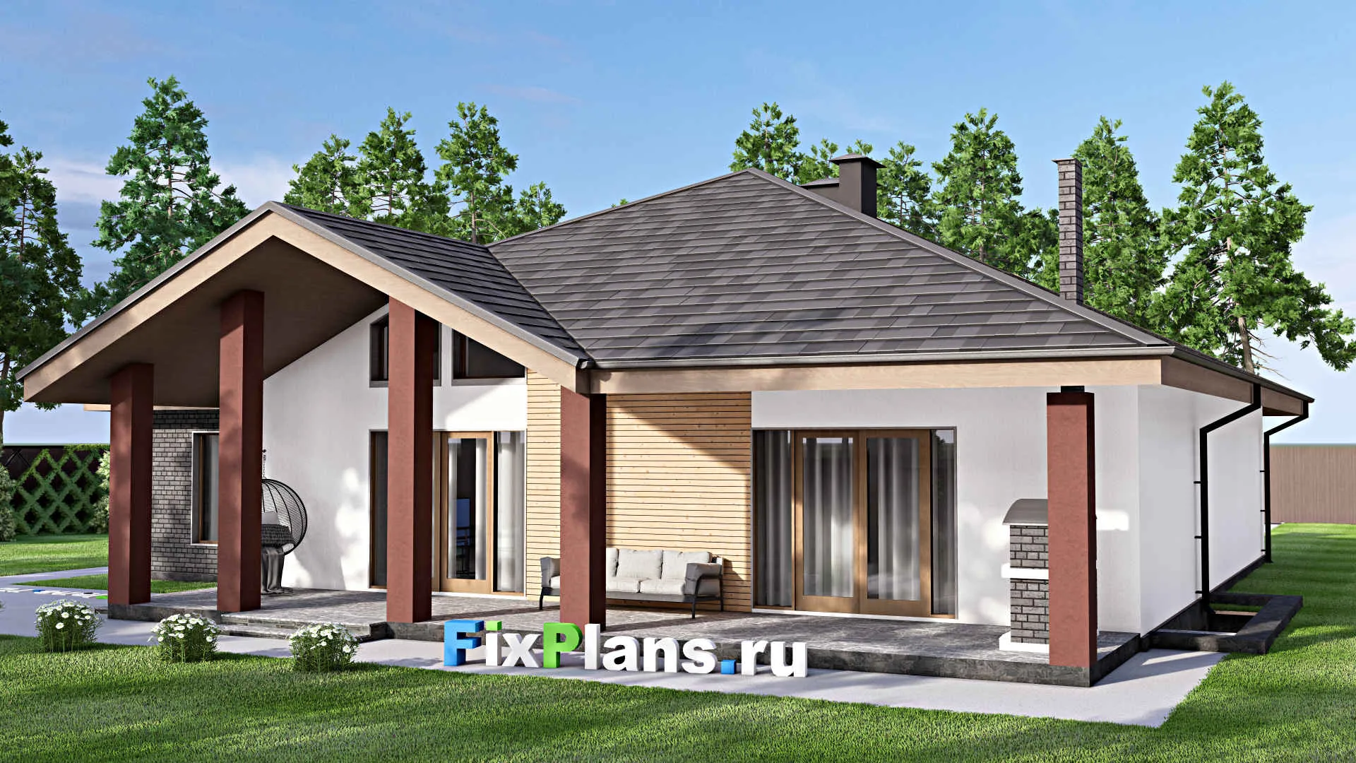 F-12905 - Проект одноэтажного дома 18 на 18, площадью 290 м² с террасой, цокольным этажом, гаражом на 2 машины и 3 спальнями