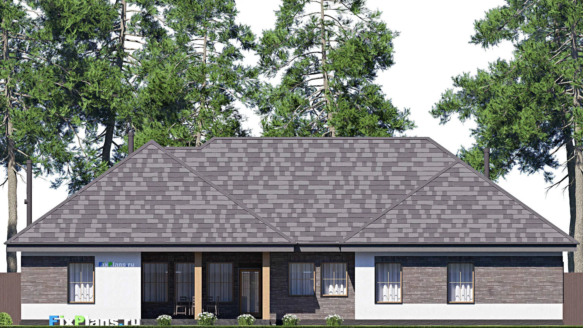 F-19880 - Проект одноэтажного дома 18 на 24, площадью 280 м² с террасой, гаражом на 2 машины и 3 спальнями