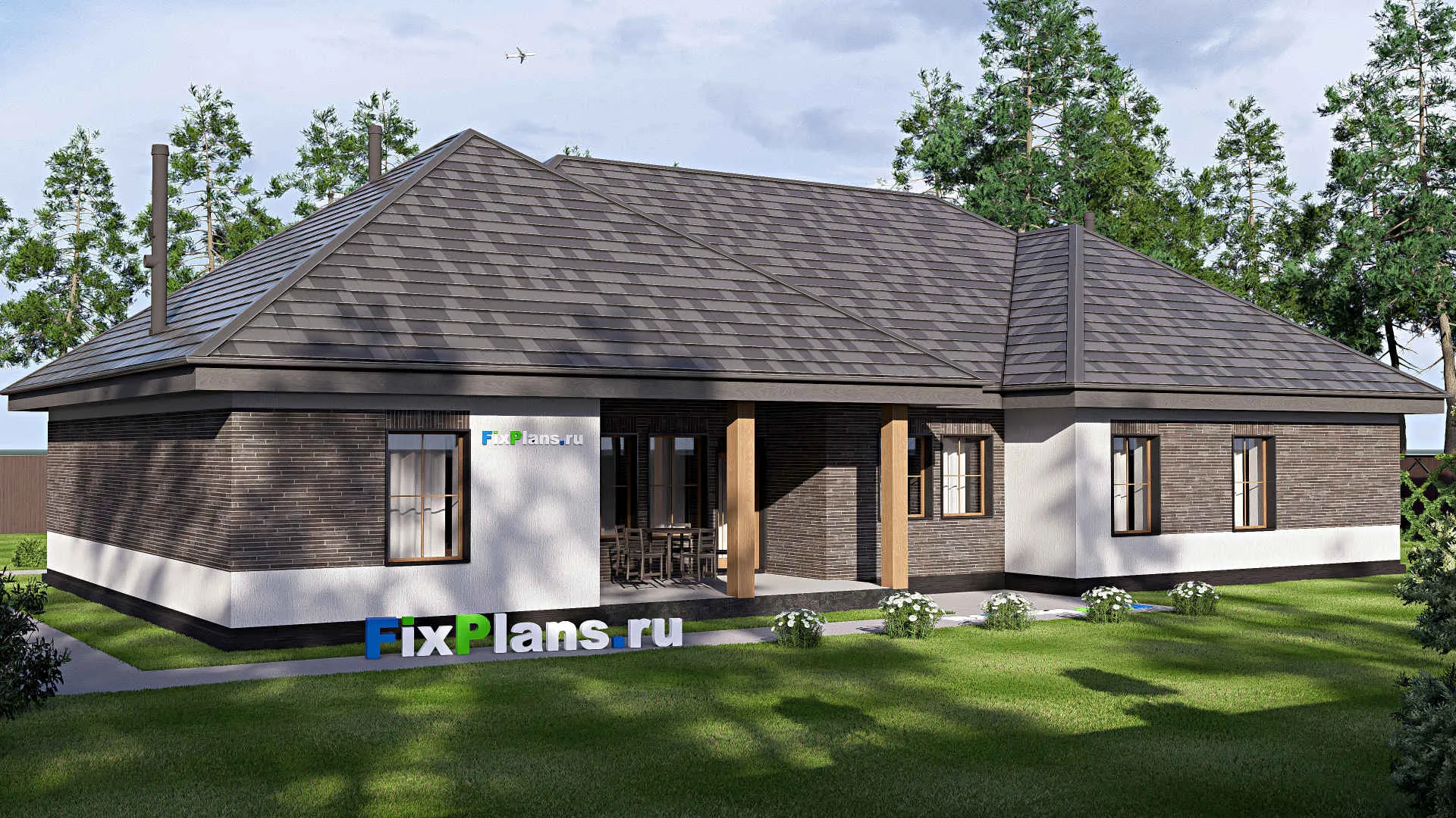 F-19880 - Проект одноэтажного дома 18 на 24, площадью 280 м² с террасой, гаражом на 2 машины и 3 спальнями