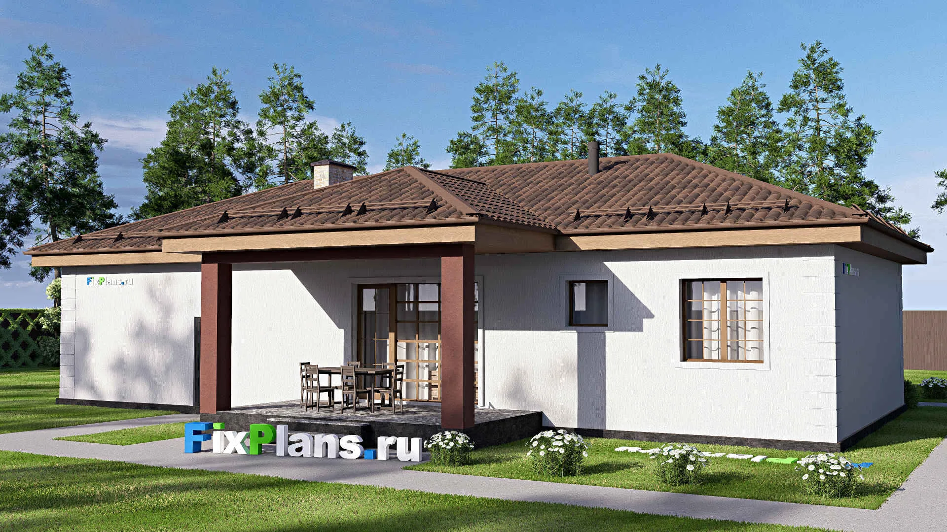 F-19979 - План одноэтажного дома 12 на 19, площадью 150 м² с террасой, гаражом на 2 машины и 2 спальнями