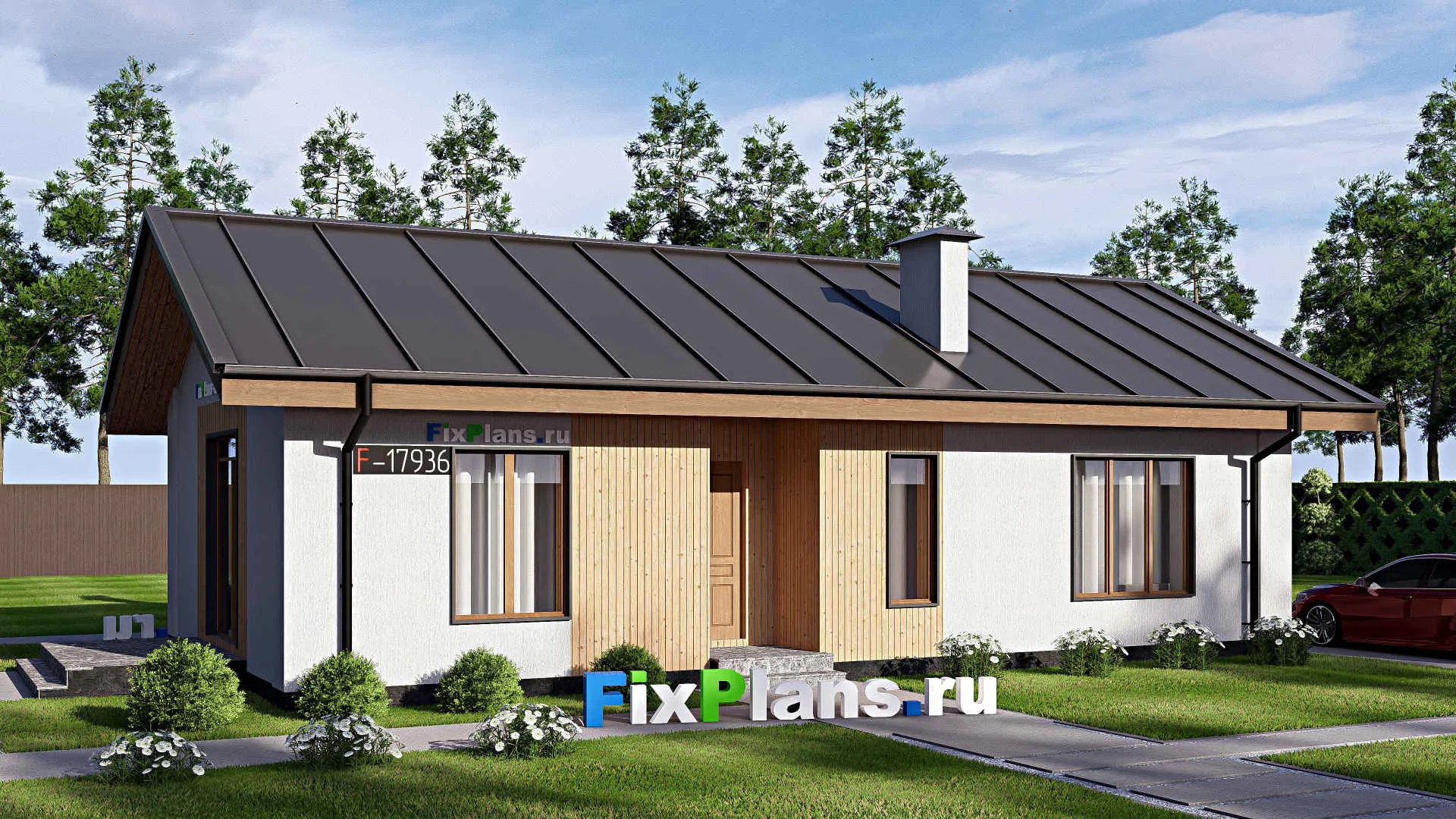 F-17936 - Проект одноэтажного дома 8 на 14, площадью 80 м² с террасой и 2 спальнями